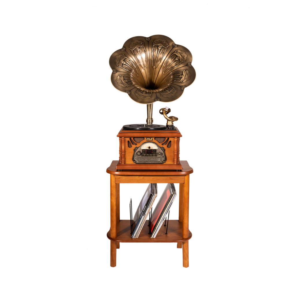 MJI GRAMOPHONE CLASSIC BRONZE HORN TURNTABLE + STAND TABLE - Vinyl.ae